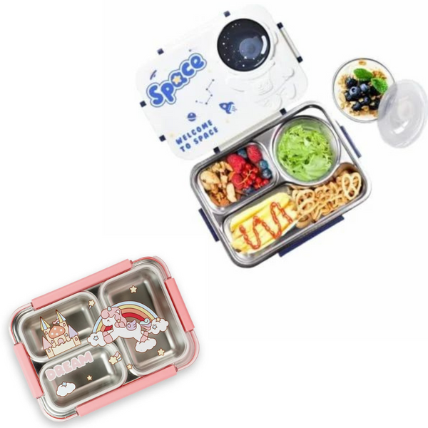 3 Grid Compartment Stainless Steel Kids Lunch Box, Leakproof Lunchbox with Cutlery for Boys and Girls