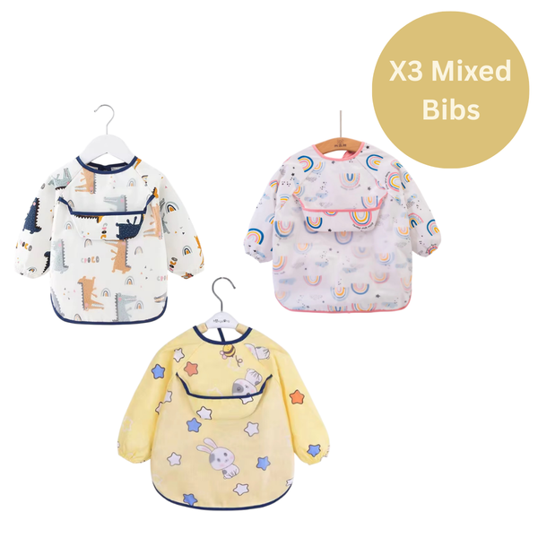 Long Sleeved Baby Bibs Waterproof Sleeved Shirt Bib with Pocket 6-24 Months (Pack of 3)