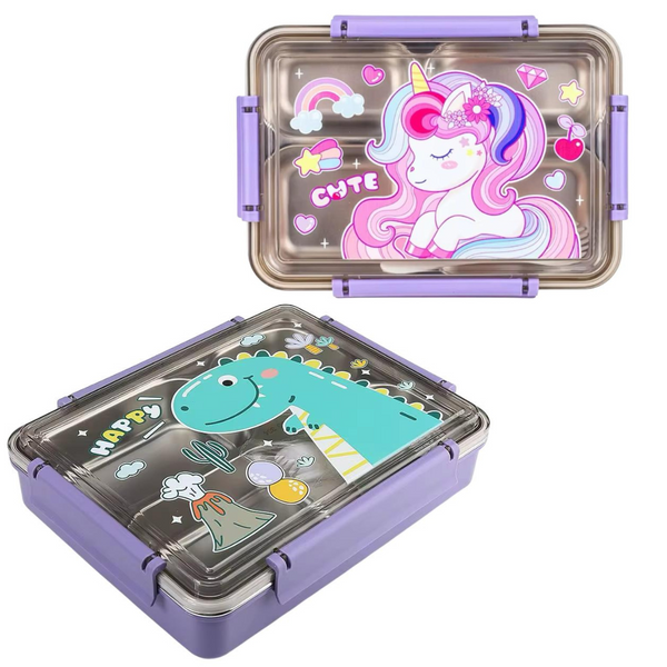 4 Grid Compartment Stainless Steel Kids Lunch Box, Unicorn, Dinosaur Leakproof Lunchbox with Cutlery for Boys and Girls