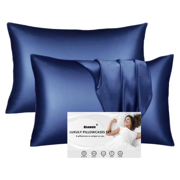 2 PCS 51x92cm Satin Pillowcase for Hair and Skin - Softer Than Silk - Navy Blue Satin Pillowcases Anti Wrinkle and Stain Resistant - Standard Pillow Cases Cover with Envelope Closure