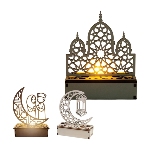 DIY Eid Mubarak LED Lamp Decoration, Ramadan Lantern LED 3D Handmade Wooden Moon Star LED Lamp Ornament, Festival Table Light, for Home Eid Party Ornament