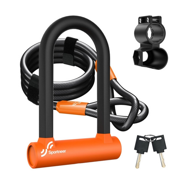Sportneer Bike Lock: 17mm Heavy Duty Bike D Lock with 5Ft/1.2M High Security Steel Cable & Sturdy Mounting Bracket & Key Anti Theft