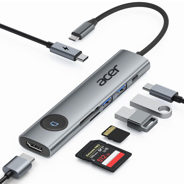 acer USB C Hub, 7-in-1 USB C to HDMI Adapter 4K@60Hz, 2 * 5Gbps USB 3.0 & Type-C Data Port, 100W PD, SD Card Reader, Screen On/Off Button Compatible with MacBook Pro/Air, iPad Pro/Air, Switch, XPS