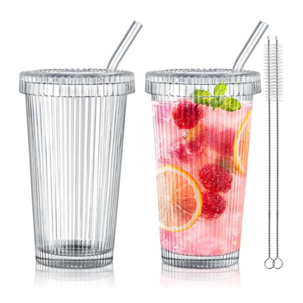 2 Pcs 600 ml Glass Tumbler with Straw and Lid for Iced Tea Coffee Smoothie Water, Juice Clear Ribbed Glass Cups Drinking Jar with Leather Sleeve