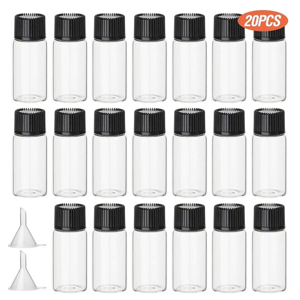 Hyber&Cara 20 Pcs 5ml Clear Glass Bottles Small Empty Sample Vials with Screw Cap, Bonus 2 Pcs Mini Funnels