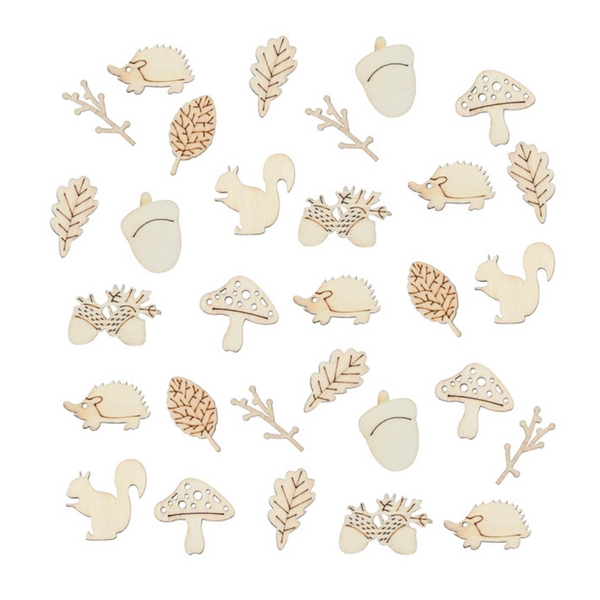 Bekecidi 200 Pcs Natural Wooden Craft Embellishments - Autumn Wooden Shapes & Squirrel Mushrooms Leaves Chips for DIY Crafts