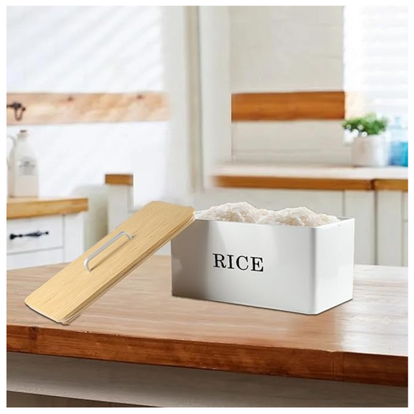 Xbopetda Rice Storage Conrtainer, Metal Rice Conatiner with Wooden Lid Airtight, Rectangle Wide Mouth Rice Box Rice Dispenser, Food Storage Container for Rice, Grains, Flour, Nuts, Beans (Cream White)