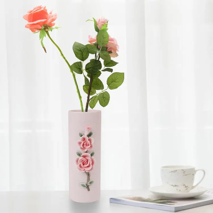 Decorative Tube Vase for Flower for Modern or Rustic Home Decor, Handcaft 3D Embossed Floral Design - OneBag