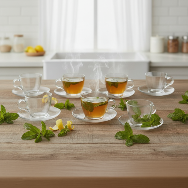 Glass Cup and Saucer Set, 12 Pcs 240ml Glass Cappuccino Tea Coffee ...
