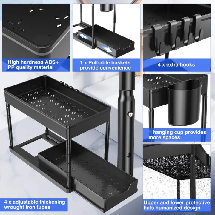 2 Pcs Black Under Sink Storage, 2 Tier Sliding Organiser, Multi-Purpose Shelf Organiser, Pull Out Cabinet Basket Drawer - OneBag