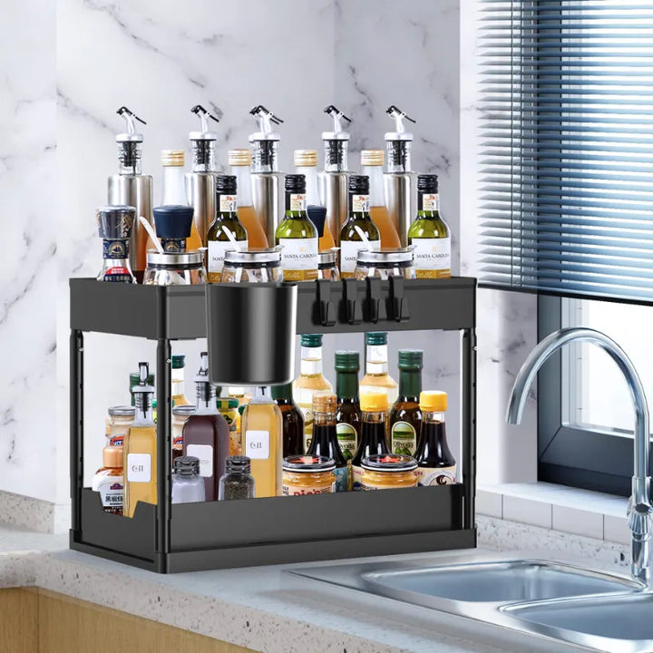 2 Pcs Black Under Sink Storage, 2 Tier Sliding Organiser, Multi-Purpose Shelf Organiser, Pull Out Cabinet Basket Drawer - OneBag