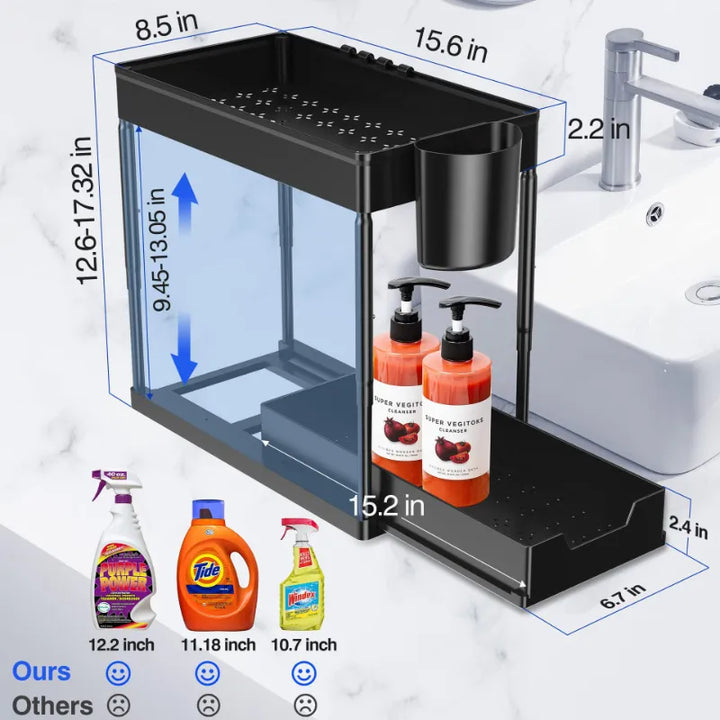 2 Pcs Black Under Sink Storage, 2 Tier Sliding Organiser, Multi-Purpose Shelf Organiser, Pull Out Cabinet Basket Drawer - OneBag