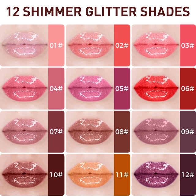 12 Colors Glossy Lip Glaze Crystal Shimmer Lip Gloss, Gifts for Her, Long Lasting Moisturizing Lip Gloss, Liquid Lipstick Glitter Lip Tints Kit - OneBag
