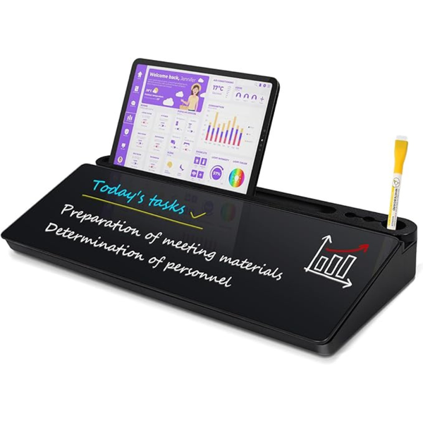 Glass Desktop Whiteboard with Storage, 40 x 18 cm Small Dry Erase Board with Drawers Desk Whiteboard with Stand Computer Keyboard Stand Organizer