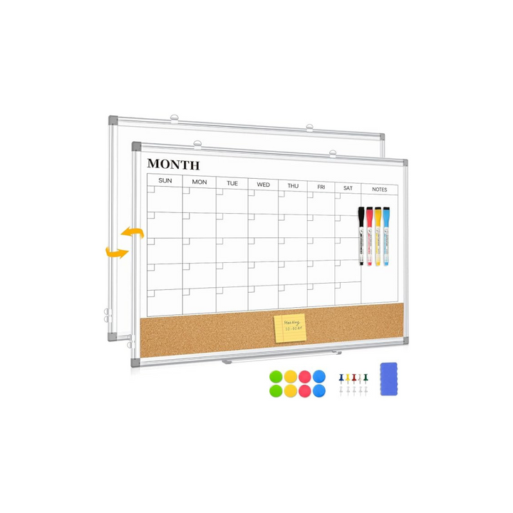 QUEENLINK 45×60 cm Magnetic Whiteboard Monthly Calendar, Double-Sided White Board Calendar for Wall, Dry Erase Aluminum Frame - OneBag