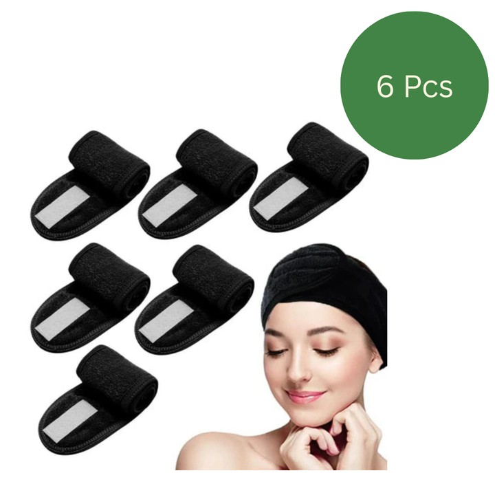 6 Pcs Adjustable Stretch Towel With Magic Tape black, spa headband, make up hair bands - OneBag