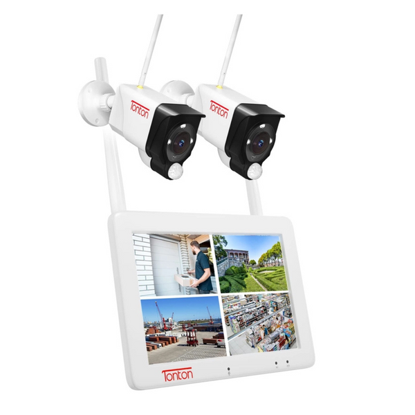 (Touchscreen & 2 Way Audio) Tonton Wireless CCTV Camera System, 4CH NVR with 7 Inch LCD Monitor and 32GB, (2) 3MP Floodlight IP Cameras with Color Night Vision, PIR Motion Detection, Work with Alexa