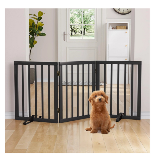 Semiocthome Bamboo Freestanding Dog Gates for Doorways,3-Panel Indoor Puppy Gates for the House with 2 Metal Stands,24"H Folding Pet Gate for Stairs Expands Up to 55"W Fully Assembled Stair Gate Black