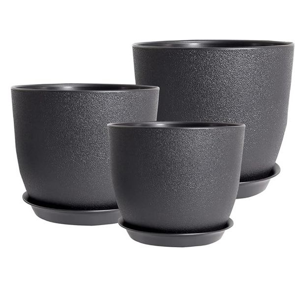 PROFIKLA 20cm, 18cm, 16cm Plastic Plant Pots, Plant Pots with Drainage Holes and Saucers, A Set of 3 Flower Pots, Modern Decorative Planters, Black