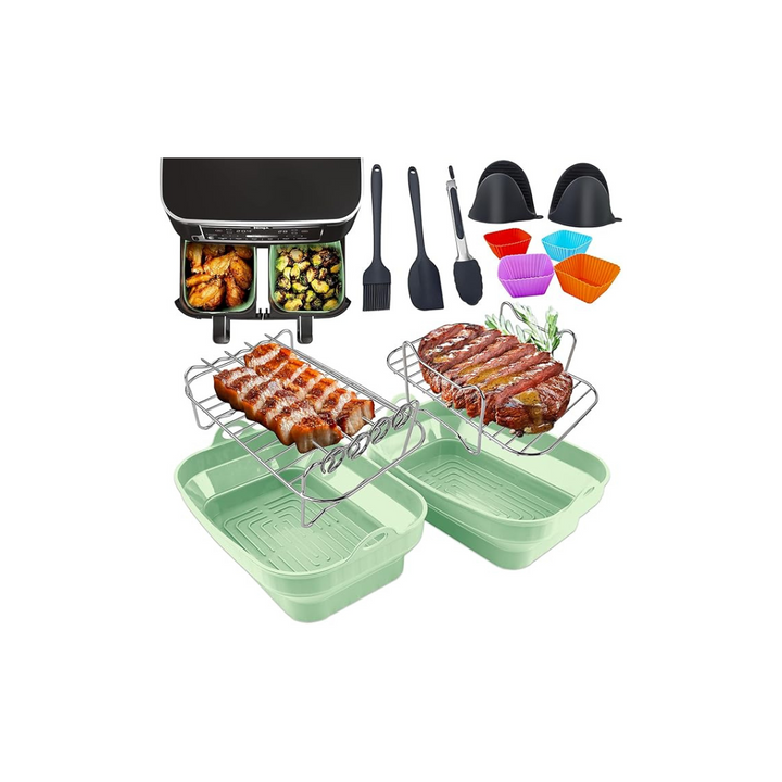 13 Pcs Green Set Upgraded Silicone Air Fryer Liners, Silicone Air Fryer Accessories for Ninja Dual AF300UK AF400UK AF500UK AF451UK Tower T17088 - OneBag