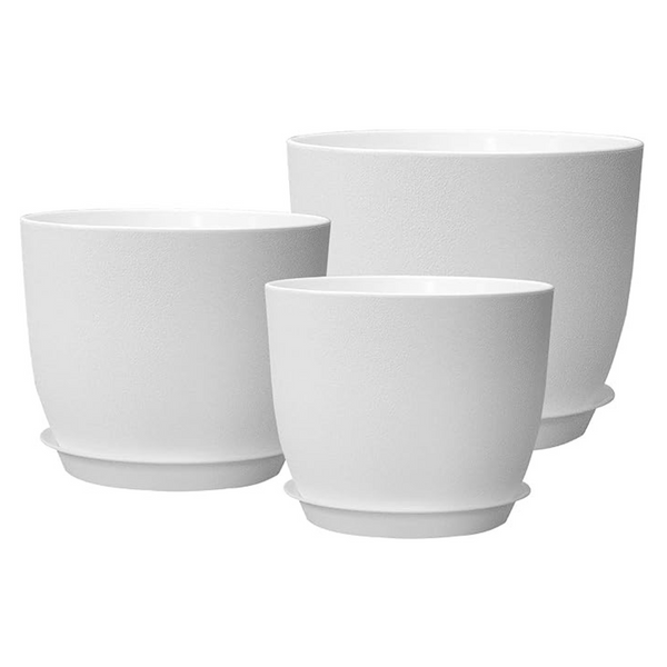 PROFIKLA 20cm, 18cm, 16cm Plastic Plant Pots, Plant Pots with Drainage Holes and Saucers, A Set of 3 Flower Pots, Modern Decorative Planters, White