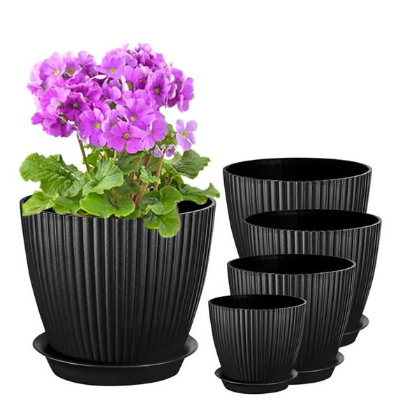 PROFIKLA 18/15/14/13/11.5cm Plastic Plant Pots, Pack of 5 Flower Pots, Plant Pots with Drainage Holes and Saucers, Modern Decorative Planters, Black