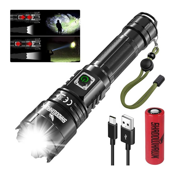 Shadowhawk Torches LED Super Bright, 500000 Lumens Rechargeable LED Torch, USB Tactical Flashlight, XHP70.2, IP67 Waterproof, 5 Light Modes Zoomable, for Camping Hiking Emergency