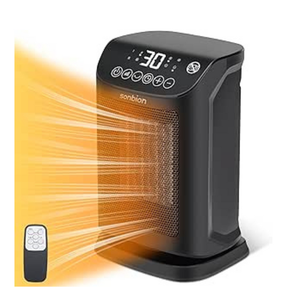 SONBION Small Electric Heater, 1800W Portable Fan Heater with Thermostat, Space Heater for Home Office Garage, PTC Ceramic Fast Heating, Tip-Over and Overheat Protection, Timer and Remote Function