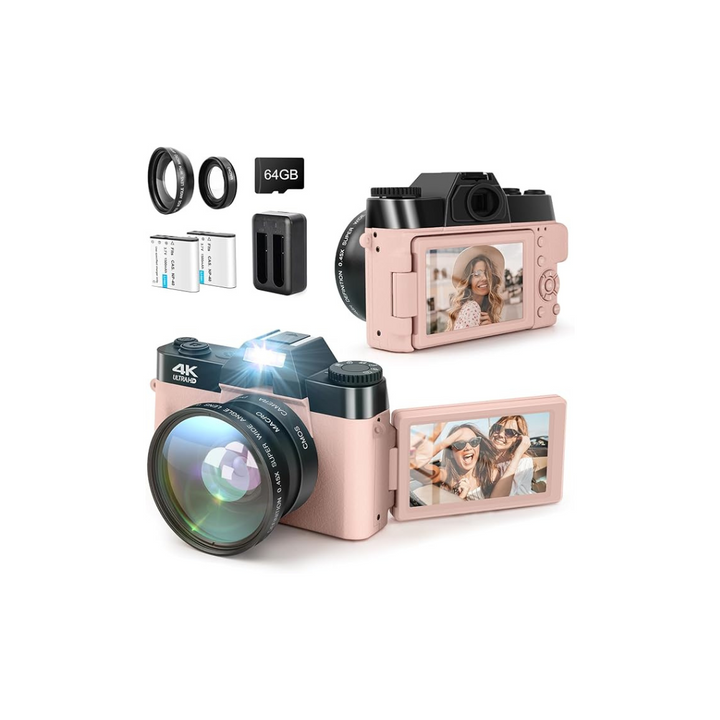 Pink SOPPY 4K Digital Camera with WiFi, 48MP Video Camera with 32G SD Card, 3.0" IPS 180Â°Flip Screen, Wide Angle Lens, Macro Lens, 16X Digital Zoom, 2 Batteries - OneBag