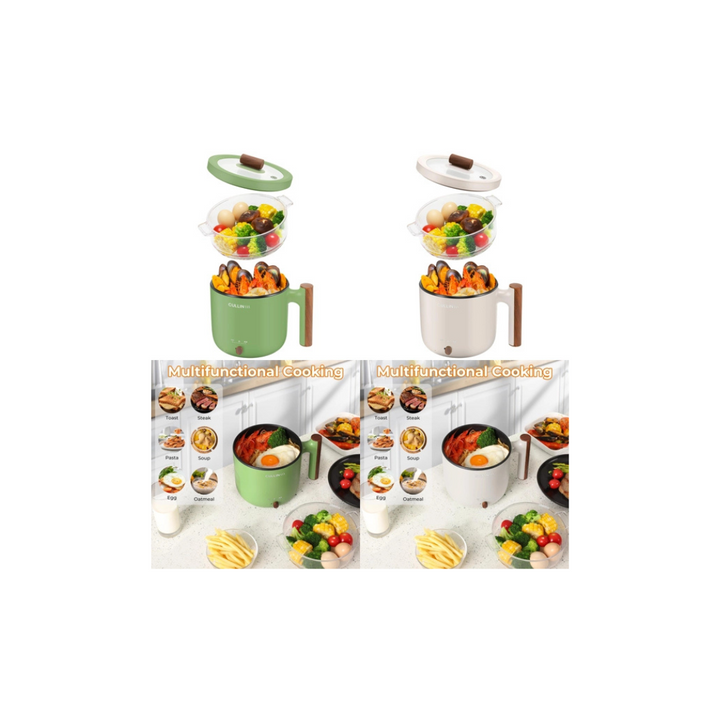 Electric Hot Pot with Steamer, 1.5 & 1.8L Non-stick Ramen Cooker, 2 in 1 Shabu Shabu Hot Pot, Multifunctional Cooker with Overheating Protection for Stew, Noodles - OneBag