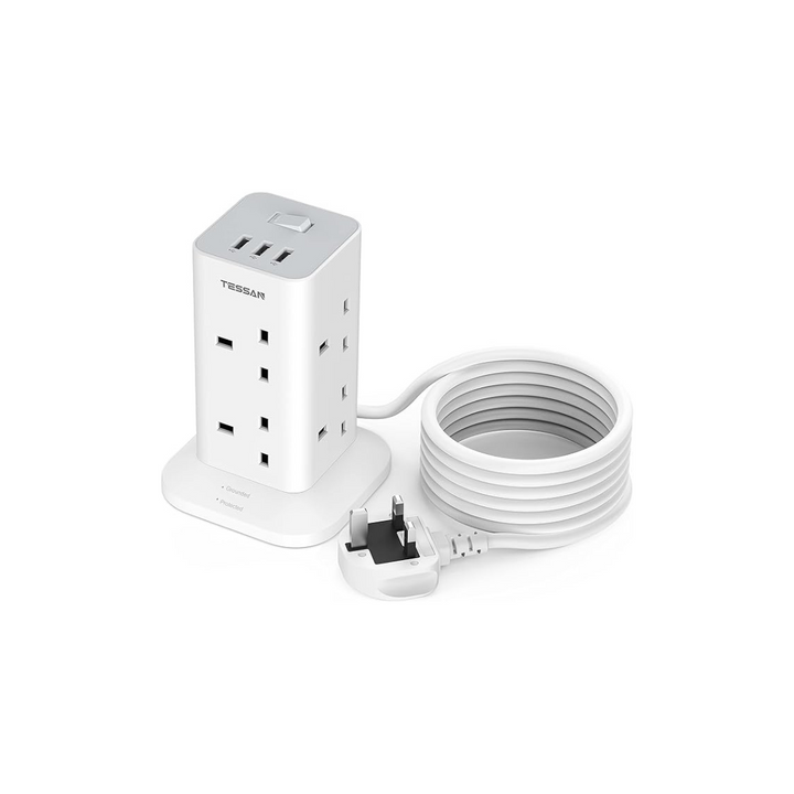 Tower Extension Lead 3M with 3 USB Slots, TESSAN Extension Cable 8 Way Multi Socket Plug with Switch, Surge Protected Power Strip for Home, Office, Kitchen Supplies - OneBag