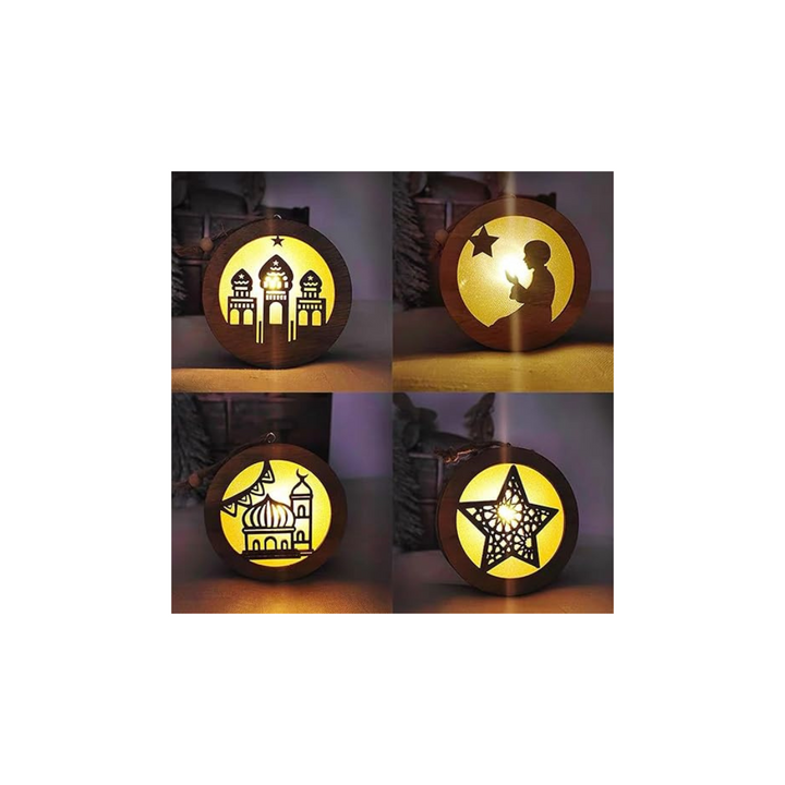 4 Pcs Eid Mubarak Decorations Lights, Wooden Moon Star Ramadan LED Hanging Lights, Muslim Islam Ornament Lantern - OneBag
