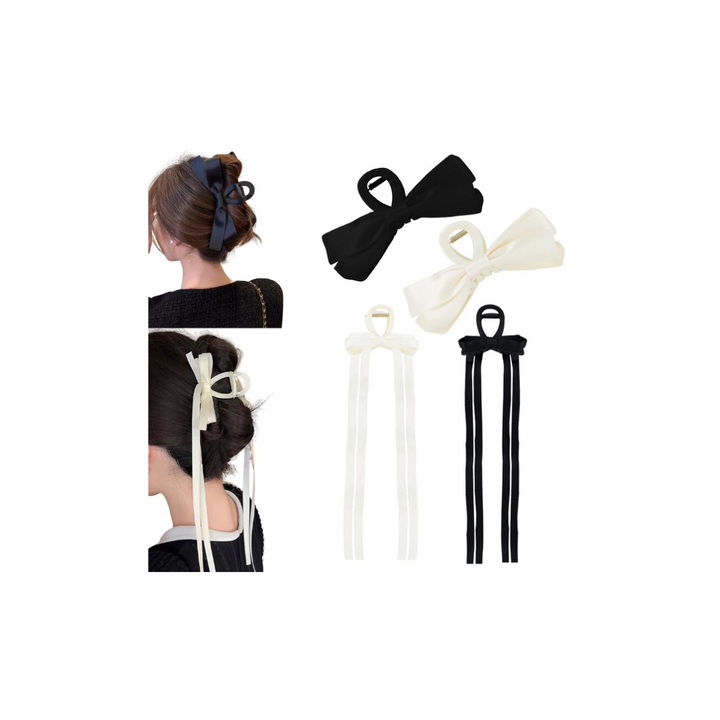 WATUNID 4 Pcs Black & White  Bow Hair Claw Clips for Women Girls, Large Bow-knot Hair Claw Clip Barrettes Barrette for Thick & Thin Hair, Nonslip Claws Clamps Hair Clip - OneBag