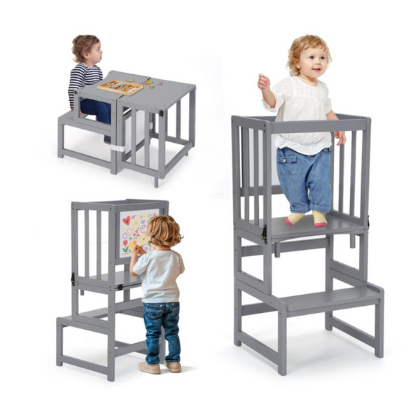 COSYLAND Convertible Toddler Standing Tower with Whiteboard – 3-in-1 Kids Kitchen Stool Helper – Children’s Bathroom Kitchen Counter Step Stool for Learning (Grey)