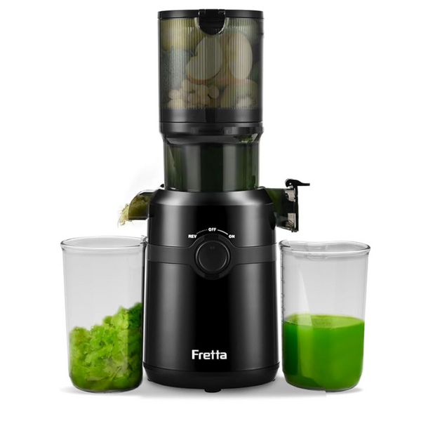 Cold Press Juicer Machines,Fretta Slow Masticating Juicer with 108mm &1.0L Hopper for Whole Fruits and Vegetables,200W Self Feeding High Yield Juice Extractor,BPA Free Tritan, (Black)