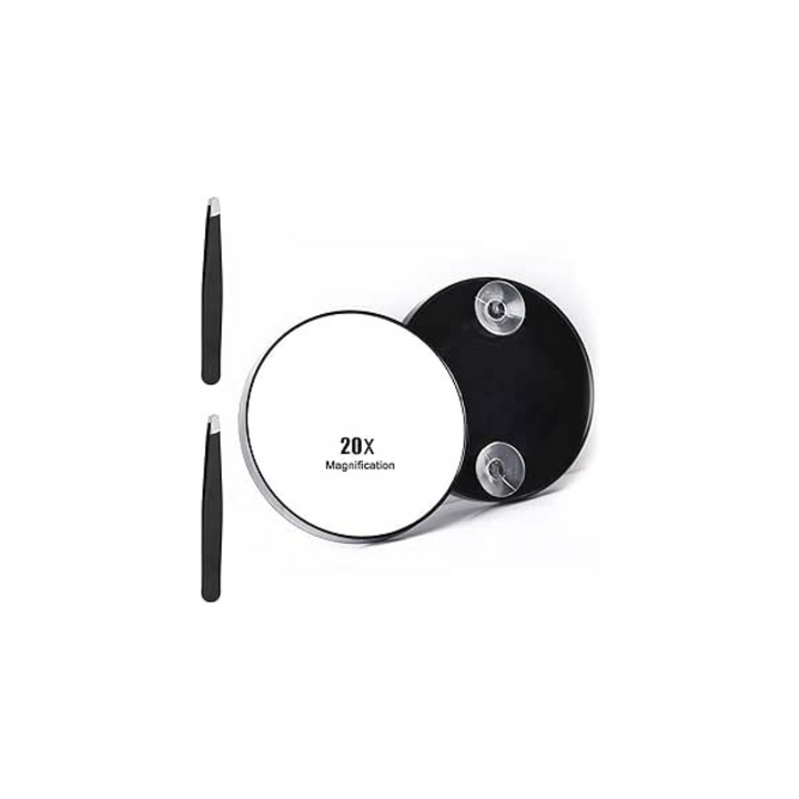 20X Magnifying Mirror, 3.5 inches Magnifying Mirror with Suction Cup and 2Pcs Tweezers, Black Portable Magnifier Makeup Mirror - OneBag