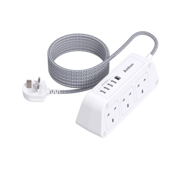 Extension Lead with USB Slots，6 Way Outlets 5 USB ,5A, 1 USB- C and 4 USB-A Port, with 1.6M Braided Extension cord, 3250W Overload Protection，Security Surge Protection Plug Extension Socket