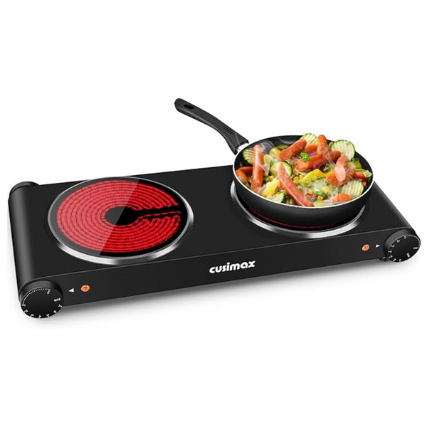Double Hot Plate, CUSIMAX 2400W Electric Hob Ceramic Hot Plate, Portable Double Camping Hob Infrared Cooktop with Dual Temperature Control, Easy to Clean, Black Stainless Steel