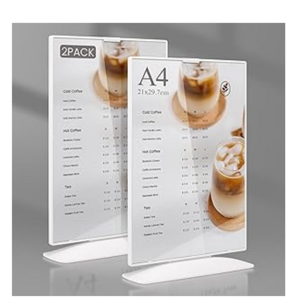 2 Pcs PKBD Double Sided anti-fall acrylic A4 Display Stand, Menu Holders For Tables,A4 Acrylic Sign Holder, A4 Picture Frame Display，For Home Office Desktop Restaurant Store ,T-Shaped White