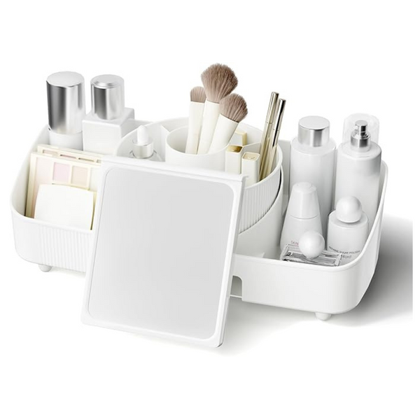 COOSEYA Makeup Organiser, 360 Degree Rotating Cosmetic Storage with Mirror, Skincare Products Perfume Organiser, Large Capacity Makeup Storage for Dresser, Bathroom, Bedroom (White)