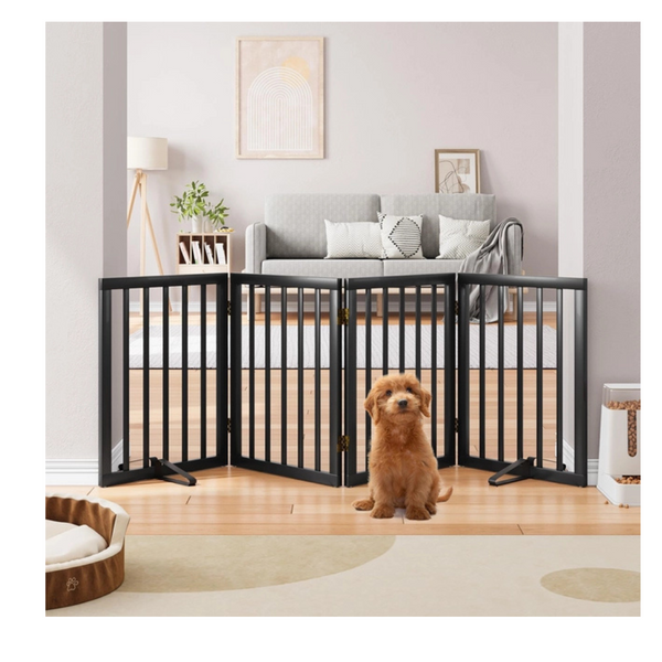 Black Semiocthome Solid Bamboo Dog Gate with 2 Stands, Freestanding Pet Gates for Doorways and Stairs, 24" Height-4 Panels Puppy Gate for the House, Fully Assembled Indoor Gate Adjustable Safety Fence