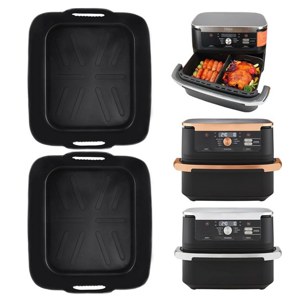 YQL 2PCS Ultra-Thin Silicone Air Fryer Liners for Ninja Foodi Flexdrawer Dual Airfryer 10.4L AF500UK/ AF500UKCP, Reusable Air Fryer Accessories, Rectangle AirFryer Trays (Black)