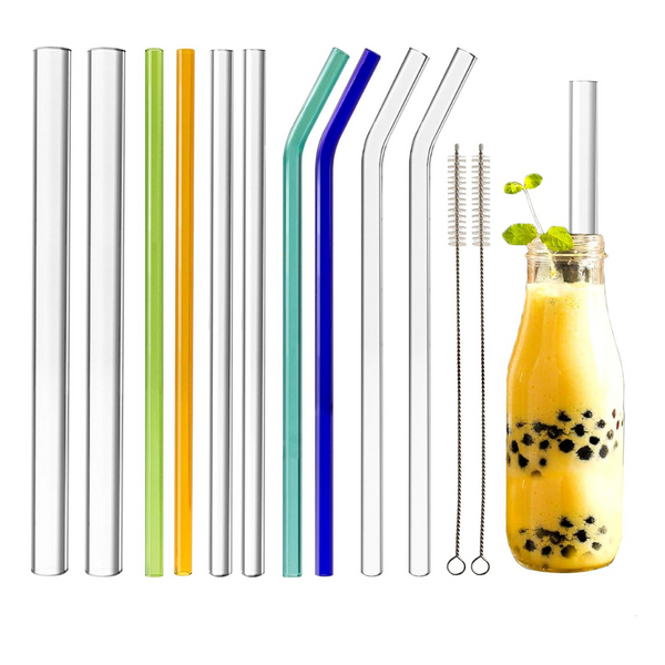 10 Pcs 3 Types 3 Sizes 5 Colors Eco-Friendly Glass Straws Assortment, Reusable 9-inch Straws with Brush