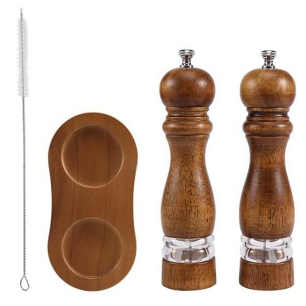 Veciado 2pcs Wooden Salt and Pepper Mills, Pepper Grinder, Salt Grinder Refillable, Adjustable Ceramic Grinding Pepper Mill Set with Mill Tray and Cleaning Brush