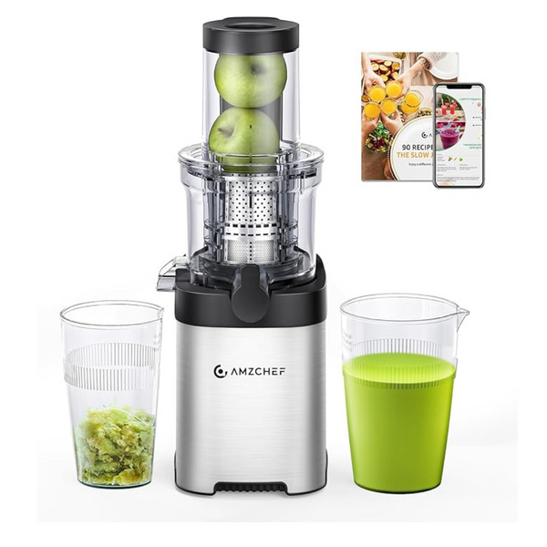 AMZCHEF Juicers Whole Fruit and Vegetable 80MM, Cold Press Juicer Machines with Large Feed Chute, Stainless Steel Slow Masticating Juicer with Anti-Drip Design, Upgraded Auger, Double-Layer Filter