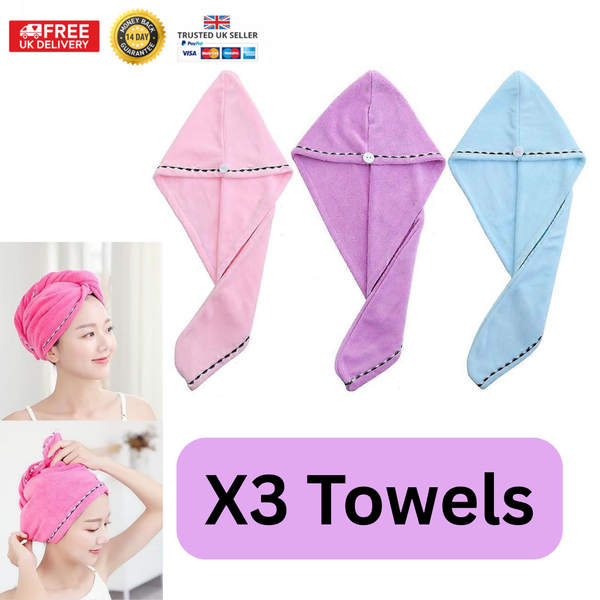 Hair Drying Towel Wrap Microfiber After Shower Quick Dry Hair Turban Cap UK (Pack of 3)