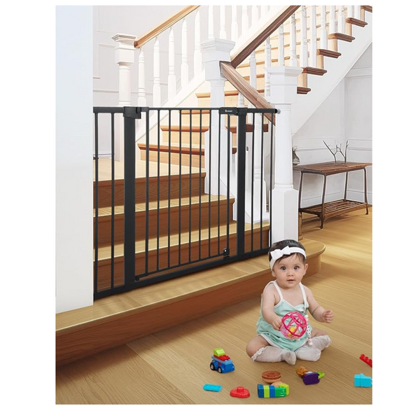 COMOMY 91.5cm Extra Tall Baby Gate for Stairs Doorways, Fits Openings 75-117cm Wide, Auto Close Extra Wide Dog Gate for House, Pressure Fit Easy Walk Through Pet Gate with Door, Black