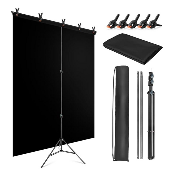 JEBUTU Black Backdrop with Stand 1.5 x 2M (5 x 6.5FT), 1.5 x 2M Black Photography Backdrop with T-Shape Stand, 5 Clamps & Carry Bag for Portrait, Video, Studio, Shooting, Photo Studio, Party