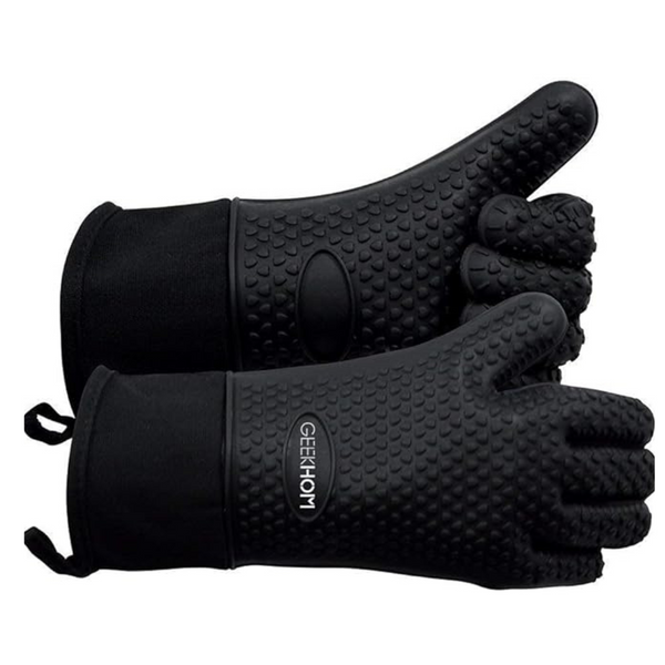 GEEKHOM Silicone Oven Gloves Heat Resistant Silicone Oven Mitts BBQ Gloves Waterproof Kitchen Gloves for Barbecue Grilling Weber Microwave, Non-Slip Oven Gloves with Fingers, Black