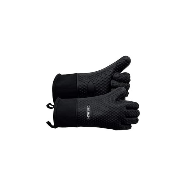 GEEKHOM Black Silicone Oven Gloves, Heat Resistant Silicone Oven Mitts, BBQ Gloves, Waterproof Kitchen Gloves for Barbecue Grilling Weber Microwave, Non-Slip Oven Gloves with Fingers